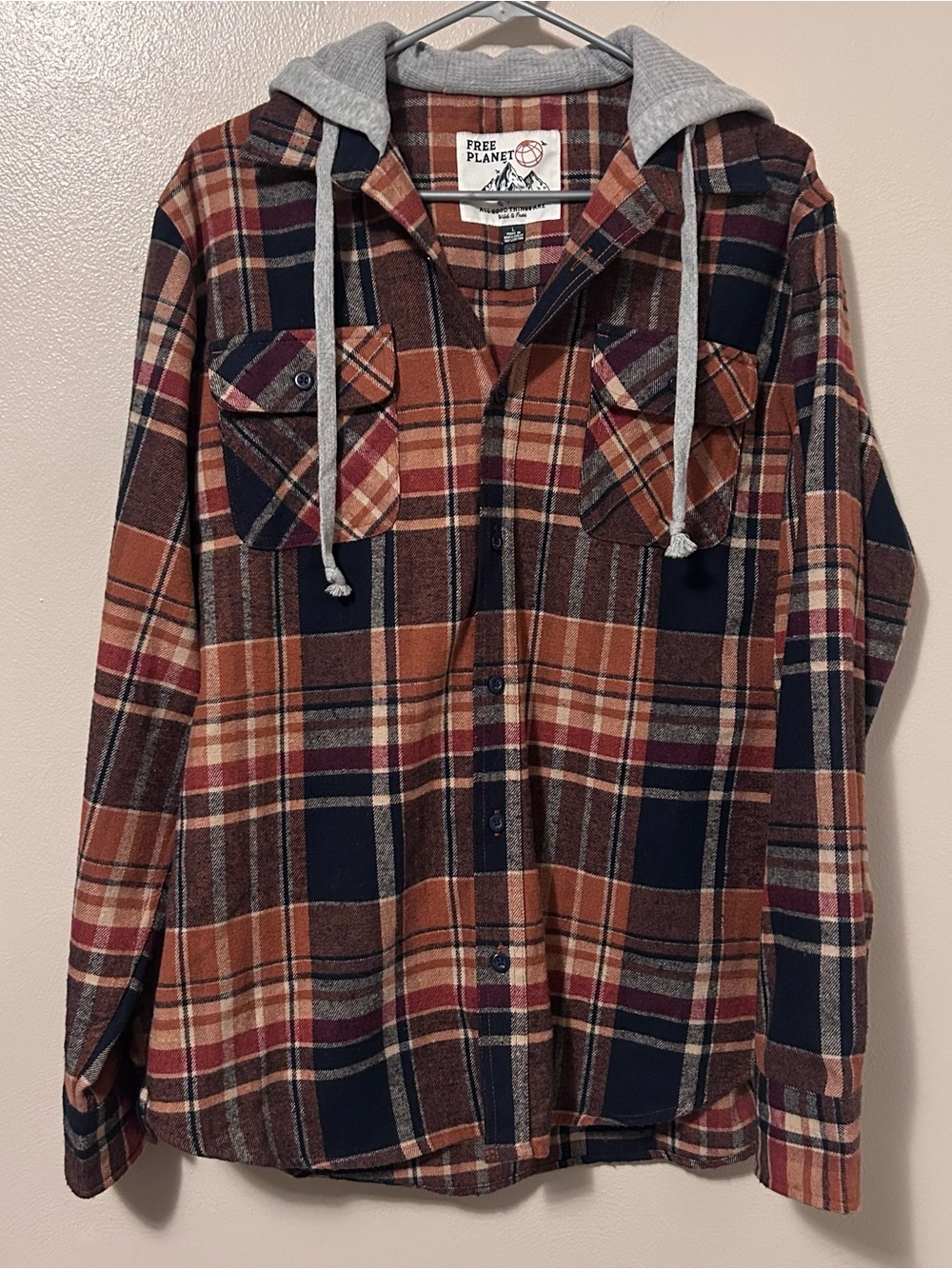 Free Planet Men’s Hooded Flannel Shirt Jacket in Rust Plaid